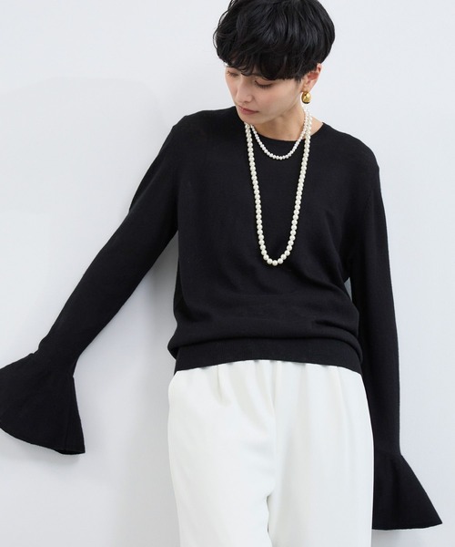 BARNYARDSTORM（バンヤードストーム）の「BARNYARDSTORM / 袖フレアシアーニット（ニット/セーター・レディース・グレー/ブラック/ホワイト・FREE）」の7枚目の写真