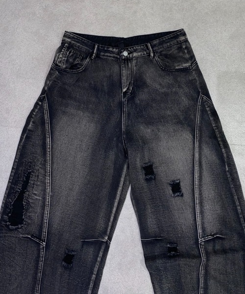 lilful(リルフル)の「【26年春夏新作】ウォッシュ加工 ダメージカーブシルエット バレルレッグ ワイドバギーデニムパンツ(デニムパンツ・メンズ・ブラック・M/L)」の20枚目の写真