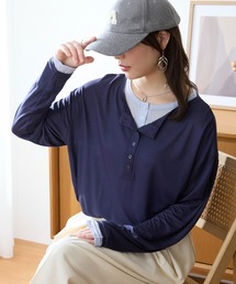 MONO-MART | 接触冷感 レイヤード配色デザイン シアー ヘンリーネックロンT<マシンウォッシャブル>(Tシャツ/カットソー)