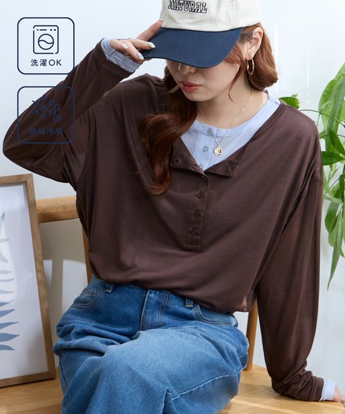 MONO-MART（モノマート）の「接触冷感 レイヤード配色デザイン シアー ヘンリーネックロンT<マシンウォッシャブル>（Tシャツ/カットソー・レディース・杢グレー/ブラック/アイボリー/ネイビー/ダークグレー/レッド/ブラウン・FREE）」の19枚目の写真