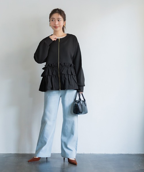 coca(coca)(コカ)の「ソフトスウェット異素材フリルパーカー | セレモニー オフィス ママスーツ フォーマルウェア スーツ 卒業式(パーカー・レディース・アイボリー/ブラック・M/L)」の3枚目の写真