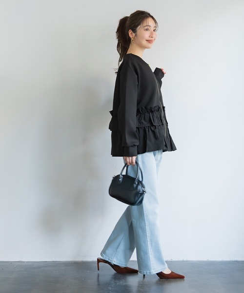 coca(coca)(コカ)の「ソフトスウェット異素材フリルパーカー | セレモニー オフィス ママスーツ フォーマルウェア スーツ 卒業式(パーカー・レディース・アイボリー/ブラック・M/L)」の4枚目の写真