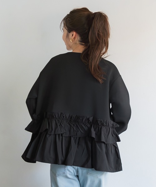 coca(coca)(コカ)の「ソフトスウェット異素材フリルパーカー | セレモニー オフィス ママスーツ フォーマルウェア スーツ 卒業式(パーカー・レディース・アイボリー/ブラック・M/L)」の5枚目の写真