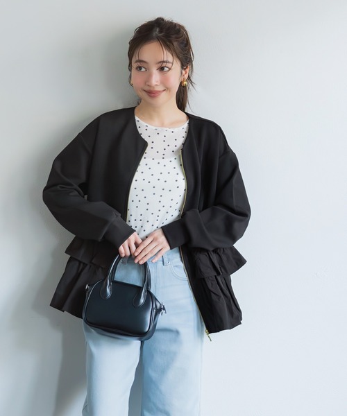 coca(coca)(コカ)の「ソフトスウェット異素材フリルパーカー | セレモニー オフィス ママスーツ フォーマルウェア スーツ 卒業式(パーカー・レディース・アイボリー/ブラック・M/L)」の6枚目の写真