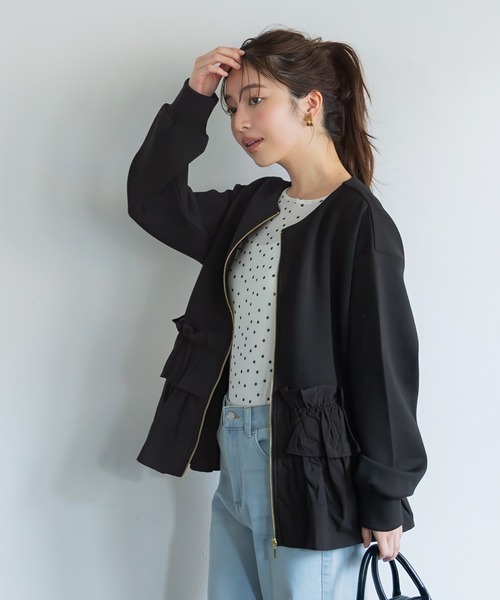 coca(coca)(コカ)の「ソフトスウェット異素材フリルパーカー | セレモニー オフィス ママスーツ フォーマルウェア スーツ 卒業式(パーカー・レディース・アイボリー/ブラック・M/L)」の7枚目の写真