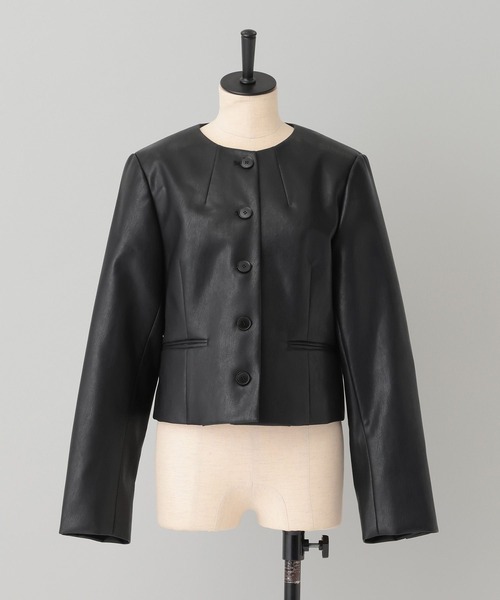 A part by（アパートバイ）の「Fレザーショートジャケット（ノーカラージャケット・レディース・ベージュ系その他/ブラック・FREE）」の3枚目の写真