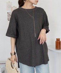 M-5L コットンワッフル バックボタン ロールアップTシャツ 夏服