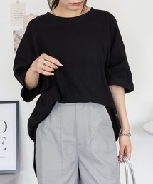 M-5L コットンワッフル バックボタン ロールアップTシャツ