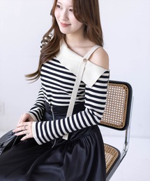 CLEAR BASIC | セーラーカラーボーダーワンショルニットトップス[大人 フェミニン 上品]≪新作≫(ニット/セーター)