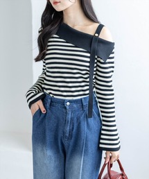 セーラーカラーボーダーワンショルニットトップス[大人 フェミニン 上品]