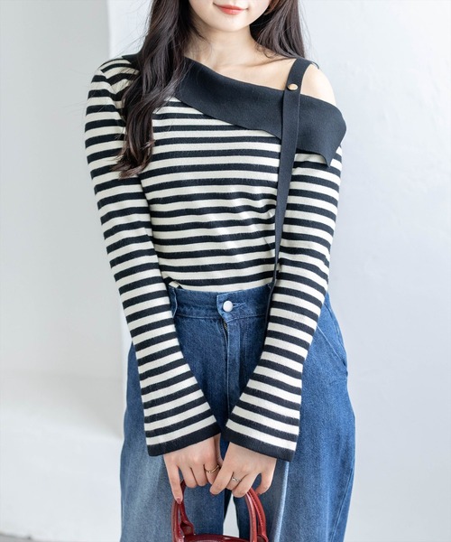 CLEAR BASIC（クリアベーシック）の「セーラーカラーボーダーワンショルニットトップス[大人 フェミニン 上品]≪新作≫（ニット/セーター・レディース・アイボリー/ブラック・F）」の19枚目の写真