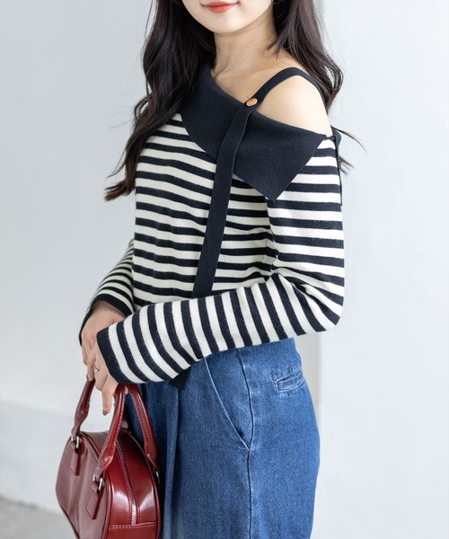 CLEAR BASIC（クリアベーシック）の「セーラーカラーボーダーワンショルニットトップス[大人 フェミニン 上品]≪新作≫（ニット/セーター・レディース・アイボリー/ブラック・F）」の20枚目の写真