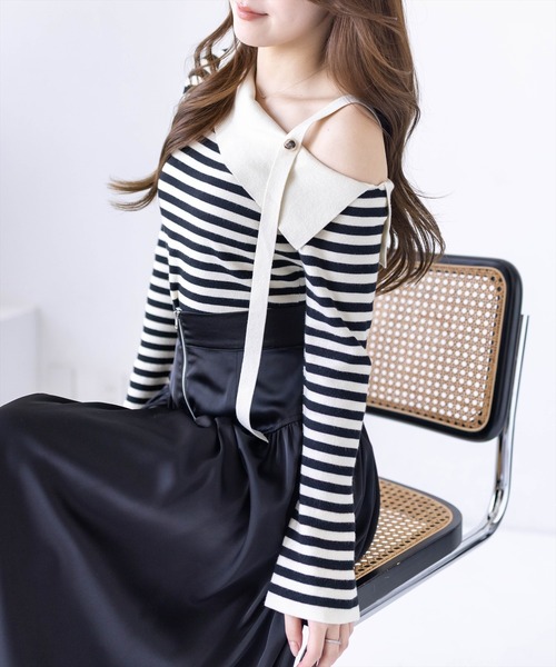 CLEAR BASIC（クリアベーシック）の「セーラーカラーボーダーワンショルニットトップス[大人 フェミニン 上品]≪新作≫（ニット/セーター・レディース・アイボリー/ブラック・F）」の15枚目の写真