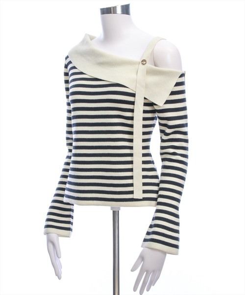 CLEAR BASIC（クリアベーシック）の「セーラーカラーボーダーワンショルニットトップス[大人 フェミニン 上品]≪新作≫（ニット/セーター・レディース・アイボリー/ブラック・F）」の5枚目の写真