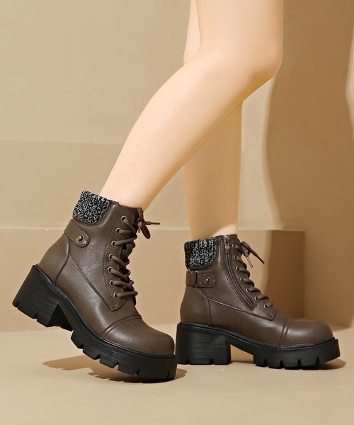 Lace Ladies（レースレディース）の「レザー調 レースアップ コンビ ワーク ブーツ（ブーツ・レディース・グレー・23cm/23.5cm/24cm/24.5cm/25cm/22.5cm）」の3枚目の写真