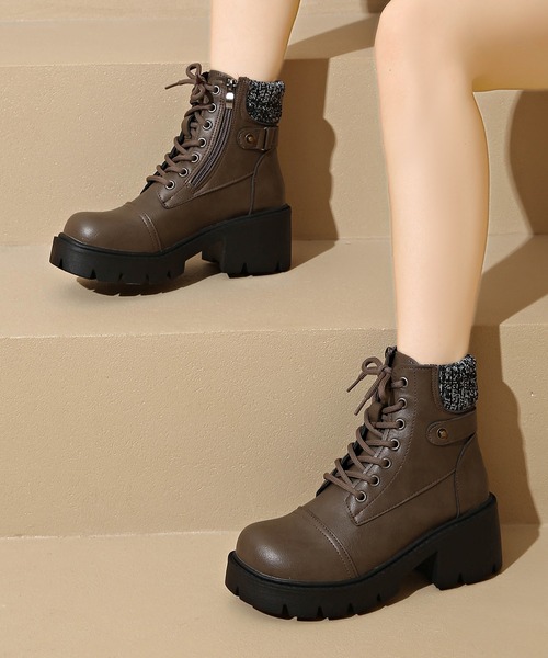 Lace Ladies（レースレディース）の「レザー調 レースアップ コンビ ワーク ブーツ（ブーツ・レディース・グレー・23cm/23.5cm/24cm/24.5cm/25cm/22.5cm）」の6枚目の写真