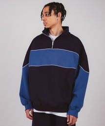 ALL DAY HOOPS（オールデイフープス）の「フープラインオーバーサイズパイピング起毛ハーフジップ[ネイビー/ブルー]（スウェット）」