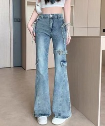 サイドリボンポケット付きストレッチフレアスキニーデニムパンツ