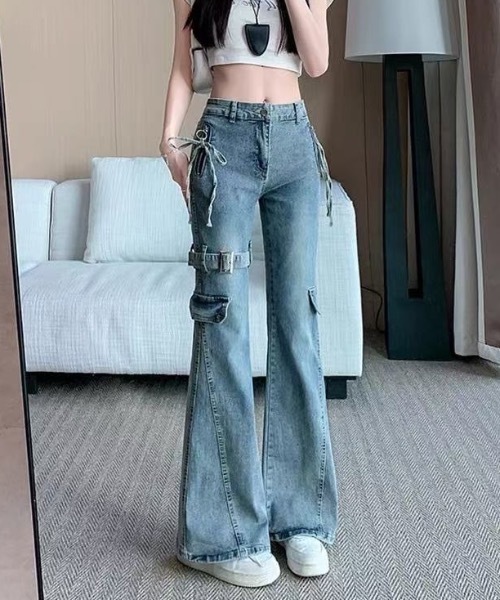 Teem Store(チームストア)の「サイドリボンポケット付きストレッチフレアスキニーデニムパンツ(デニムパンツ・レディース・ブルー・L/M)」の3枚目の写真