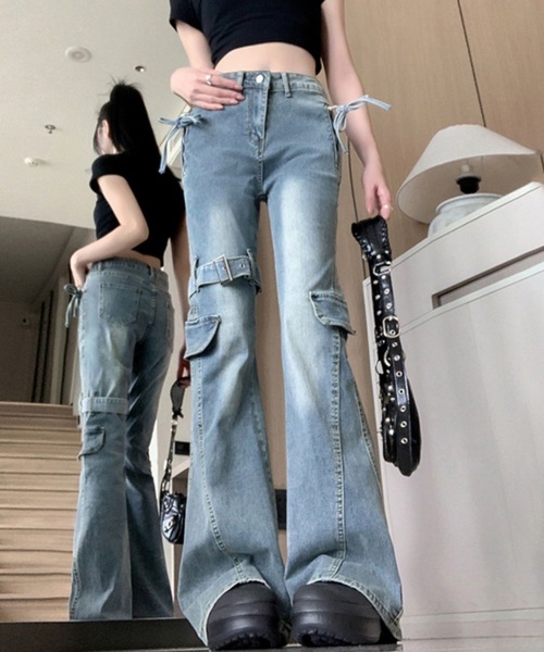 Teem Store(チームストア)の「サイドリボンポケット付きストレッチフレアスキニーデニムパンツ(デニムパンツ・レディース・ブルー・L/M)」の4枚目の写真
