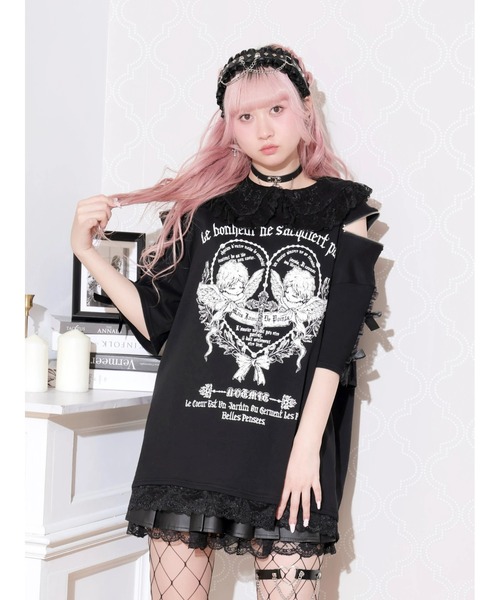 NOEMIE(ノエミー)の「レース衿袖リボンエンジェルチュニック(Tシャツ/カットソー・レディース・ブラック/ピンク・M)」の1枚目の写真
