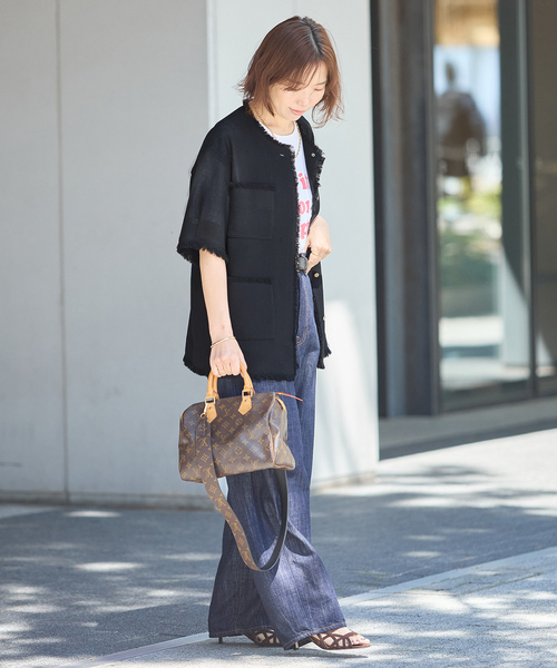 journal standard L'essage（ジャーナルスタンダードレサージュ）の「TWEEDY MESH ショートスリーブジャケット（ノーカラージャケット・レディース・ブラック/ブラック系その他・FREE）」の4枚目の写真