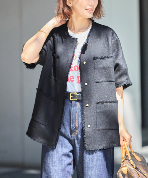 journal standard L'essage（ジャーナルスタンダードレサージュ）の「TWEEDY MESH ショートスリーブジャケット（ノーカラージャケット・レディース・ブラック/ブラック系その他・FREE）」の6枚目の写真