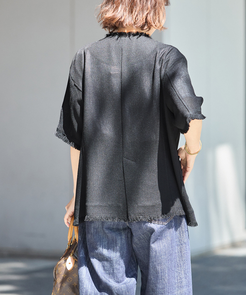journal standard L'essage（ジャーナルスタンダードレサージュ）の「TWEEDY MESH ショートスリーブジャケット（ノーカラージャケット・レディース・ブラック/ブラック系その他・FREE）」の7枚目の写真