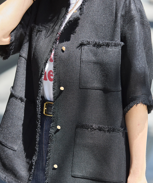 journal standard L'essage（ジャーナルスタンダードレサージュ）の「TWEEDY MESH ショートスリーブジャケット（ノーカラージャケット・レディース・ブラック/ブラック系その他・FREE）」の8枚目の写真