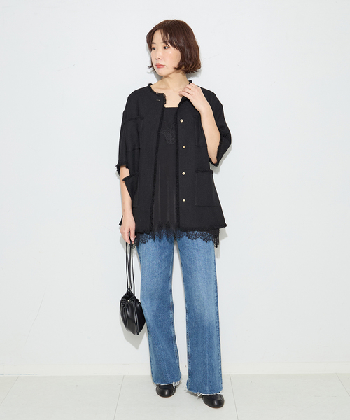 journal standard L'essage（ジャーナルスタンダードレサージュ）の「TWEEDY MESH ショートスリーブジャケット（ノーカラージャケット・レディース・ブラック/ブラック系その他・FREE）」の9枚目の写真