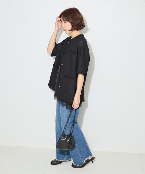journal standard L'essage（ジャーナルスタンダードレサージュ）の「TWEEDY MESH ショートスリーブジャケット（ノーカラージャケット・レディース・ブラック/ブラック系その他・FREE）」の10枚目の写真