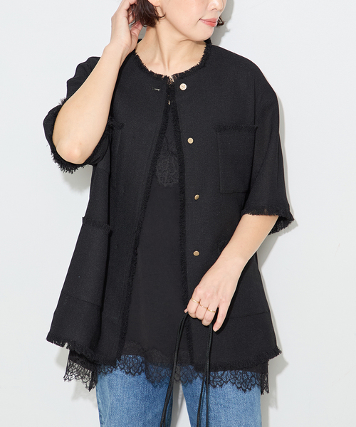 journal standard L'essage（ジャーナルスタンダードレサージュ）の「TWEEDY MESH ショートスリーブジャケット（ノーカラージャケット・レディース・ブラック/ブラック系その他・FREE）」の12枚目の写真