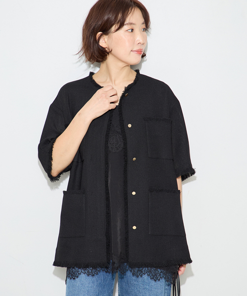 journal standard L'essage（ジャーナルスタンダードレサージュ）の「TWEEDY MESH ショートスリーブジャケット（ノーカラージャケット・レディース・ブラック/ブラック系その他・FREE）」の13枚目の写真