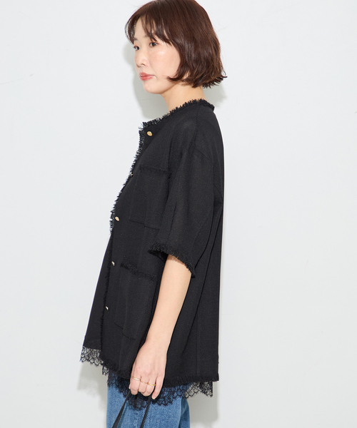 journal standard L'essage（ジャーナルスタンダードレサージュ）の「TWEEDY MESH ショートスリーブジャケット（ノーカラージャケット・レディース・ブラック/ブラック系その他・FREE）」の14枚目の写真