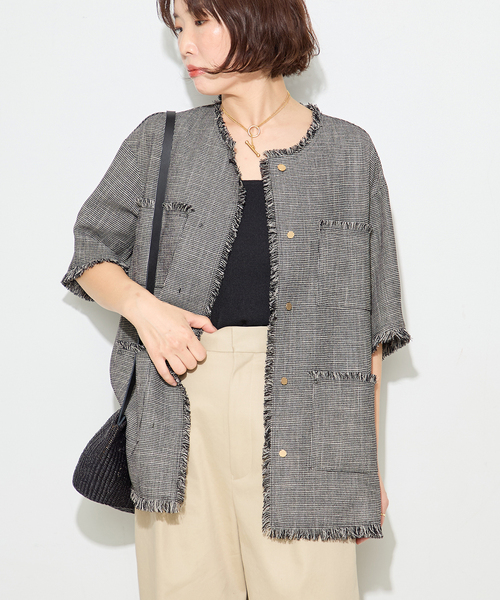journal standard L'essage（ジャーナルスタンダードレサージュ）の「TWEEDY MESH ショートスリーブジャケット（ノーカラージャケット・レディース・ブラック/ブラック系その他・FREE）」の19枚目の写真