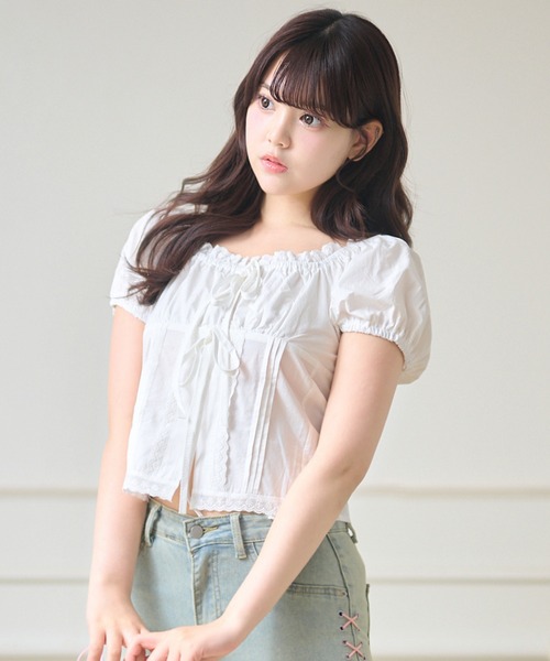 Anely(アネリー)の「ダブル リボン コンパクト パフスリーブ トップス(Tシャツ/カットソー・レディース・ブルー/ホワイト・FREE)」の1枚目の写真