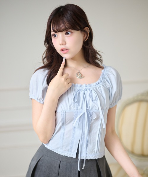 Anely(アネリー)の「ダブル リボン コンパクト パフスリーブ トップス(Tシャツ/カットソー・レディース・ブルー/ホワイト・FREE)」の2枚目の写真