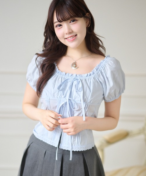 Anely(アネリー)の「ダブル リボン コンパクト パフスリーブ トップス(Tシャツ/カットソー・レディース・ブルー/ホワイト・FREE)」の3枚目の写真