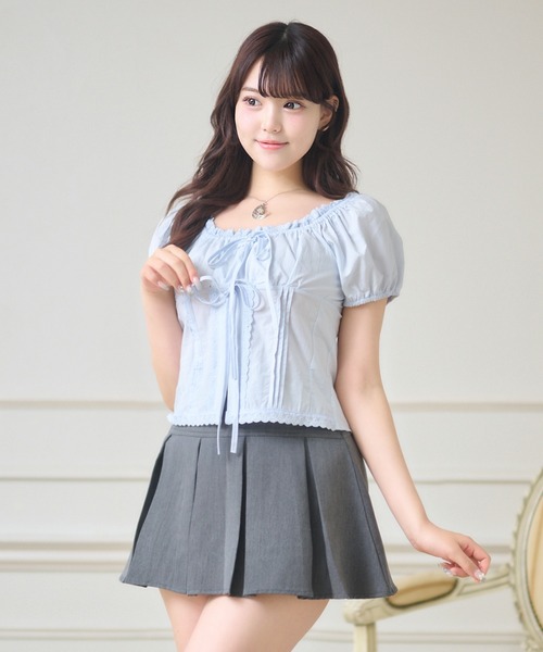 Anely(アネリー)の「ダブル リボン コンパクト パフスリーブ トップス(Tシャツ/カットソー・レディース・ブルー/ホワイト・FREE)」の4枚目の写真