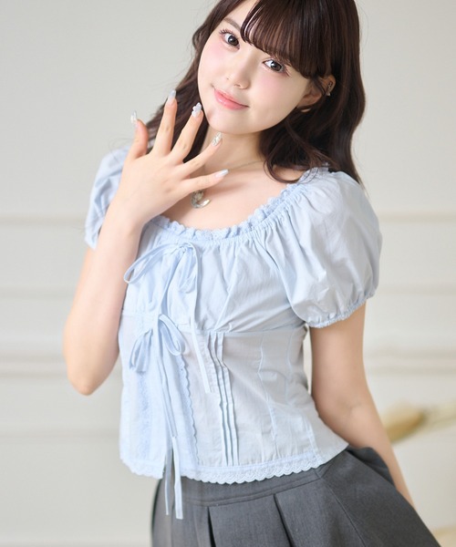Anely(アネリー)の「ダブル リボン コンパクト パフスリーブ トップス(Tシャツ/カットソー・レディース・ブルー/ホワイト・FREE)」の5枚目の写真