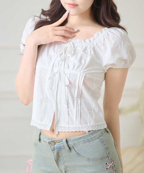 Anely(アネリー)の「ダブル リボン コンパクト パフスリーブ トップス(Tシャツ/カットソー・レディース・ブルー/ホワイト・FREE)」の12枚目の写真
