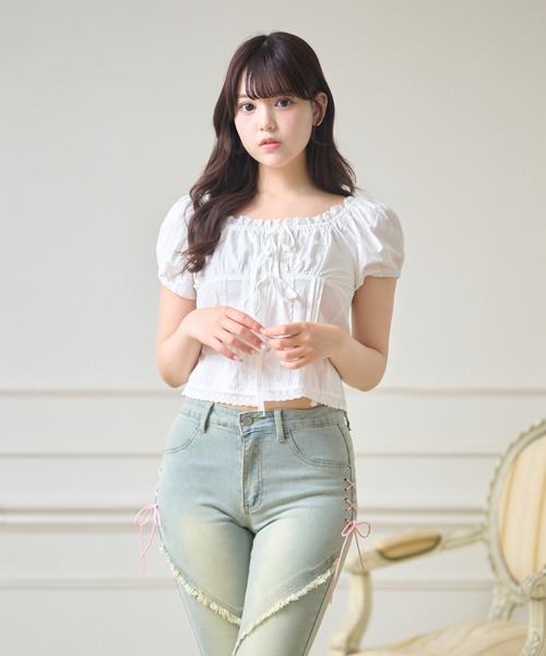 Anely(アネリー)の「ダブル リボン コンパクト パフスリーブ トップス(Tシャツ/カットソー・レディース・ブルー/ホワイト・FREE)」の13枚目の写真