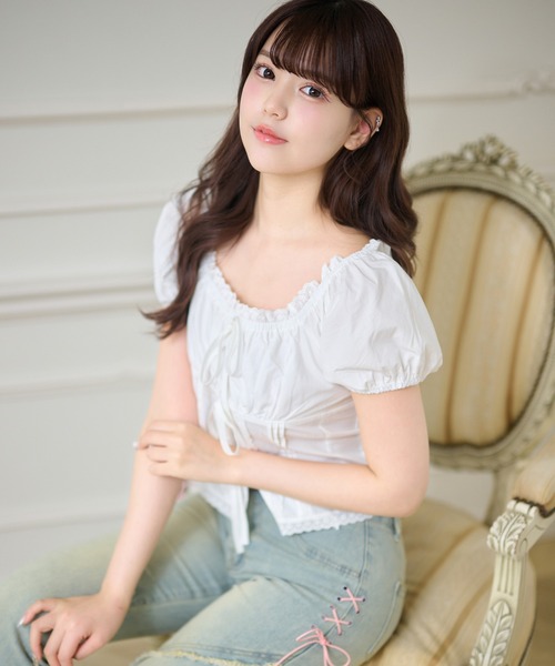 Anely(アネリー)の「ダブル リボン コンパクト パフスリーブ トップス(Tシャツ/カットソー・レディース・ブルー/ホワイト・FREE)」の14枚目の写真