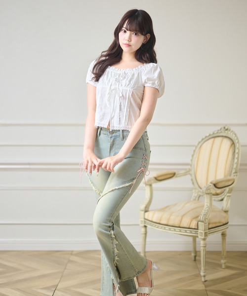 Anely(アネリー)の「ダブル リボン コンパクト パフスリーブ トップス(Tシャツ/カットソー・レディース・ブルー/ホワイト・FREE)」の15枚目の写真