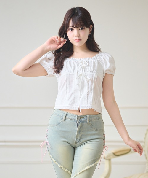 Anely(アネリー)の「ダブル リボン コンパクト パフスリーブ トップス(Tシャツ/カットソー・レディース・ブルー/ホワイト・FREE)」の16枚目の写真
