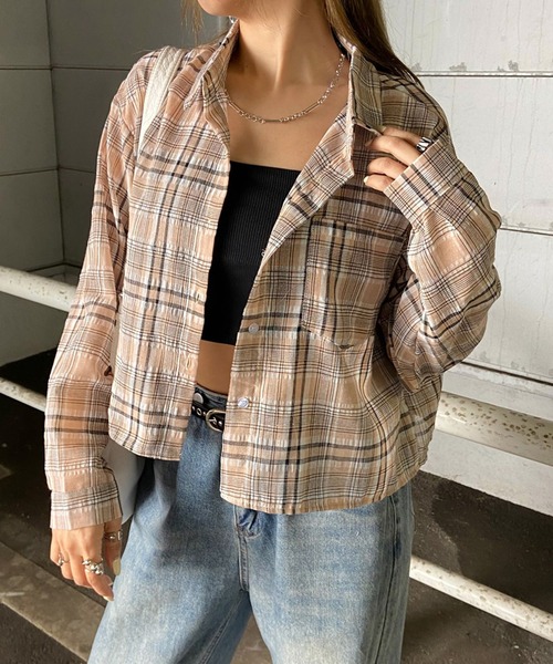 non-hedge(ノンヘッジ)の「シアーショート丈チェックシャツ(シャツ/ブラウス・レディース・ベージュ/ネイビー/オフホワイト/ブラック・FREE)」の3枚目の写真