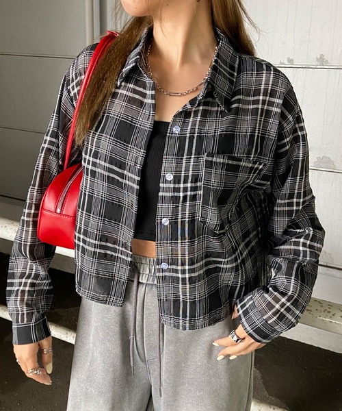 non-hedge(ノンヘッジ)の「シアーショート丈チェックシャツ(シャツ/ブラウス・レディース・ベージュ/ネイビー/オフホワイト/ブラック・FREE)」の1枚目の写真