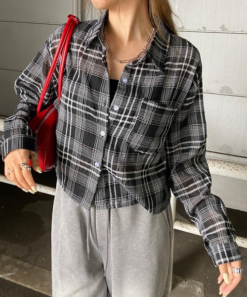 non-hedge(ノンヘッジ)の「シアーショート丈チェックシャツ(シャツ/ブラウス・レディース・ベージュ/ネイビー/オフホワイト/ブラック・FREE)」の22枚目の写真