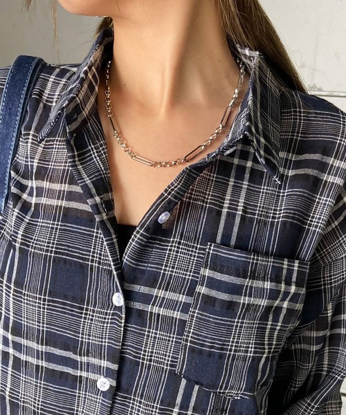 non-hedge(ノンヘッジ)の「シアーショート丈チェックシャツ(シャツ/ブラウス・レディース・ベージュ/ネイビー/オフホワイト/ブラック・FREE)」の5枚目の写真
