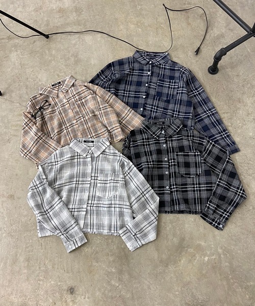 non-hedge(ノンヘッジ)の「シアーショート丈チェックシャツ(シャツ/ブラウス・レディース・ベージュ/ネイビー/オフホワイト/ブラック・FREE)」の10枚目の写真